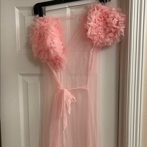 Sheer Pink Ruffle Robe with Pom Shoulder Accents